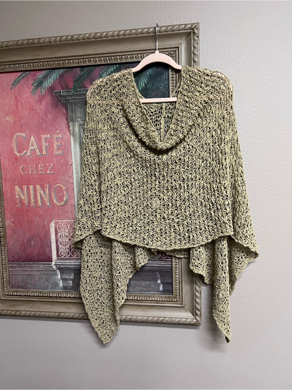 Van Klee Open-Knit Beige Cowl Neck Poncho